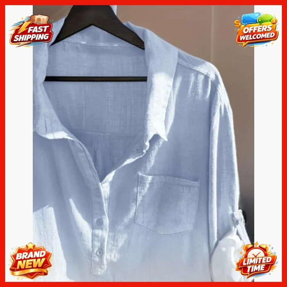 Oversized Cotton Button Down Shirt with Pocket Long Sleeve Blouse - Picture 4 of 7